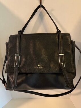 kate spade Black Pebbled Leather Flap Satchel with Gold Logo